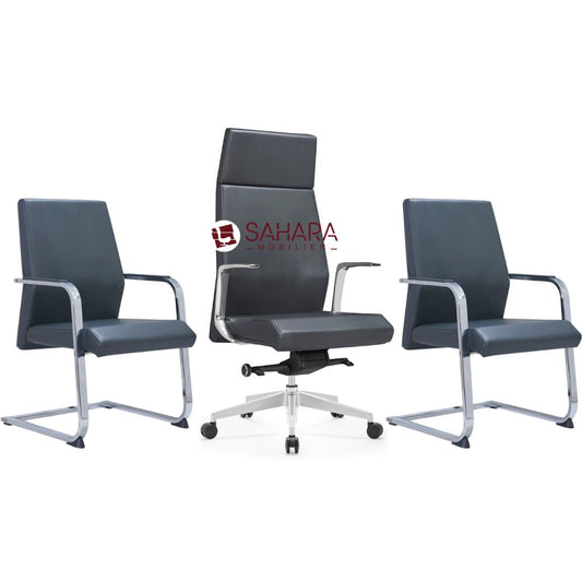 pack fauteuil de bureau en cuir noir avec accoudoirs attaché au pieds forme L chromé / aluminium pour les fauteuils visiteurs, et les accoudoirs de fauteuil chromé revêtu en simili cuir /système basculant