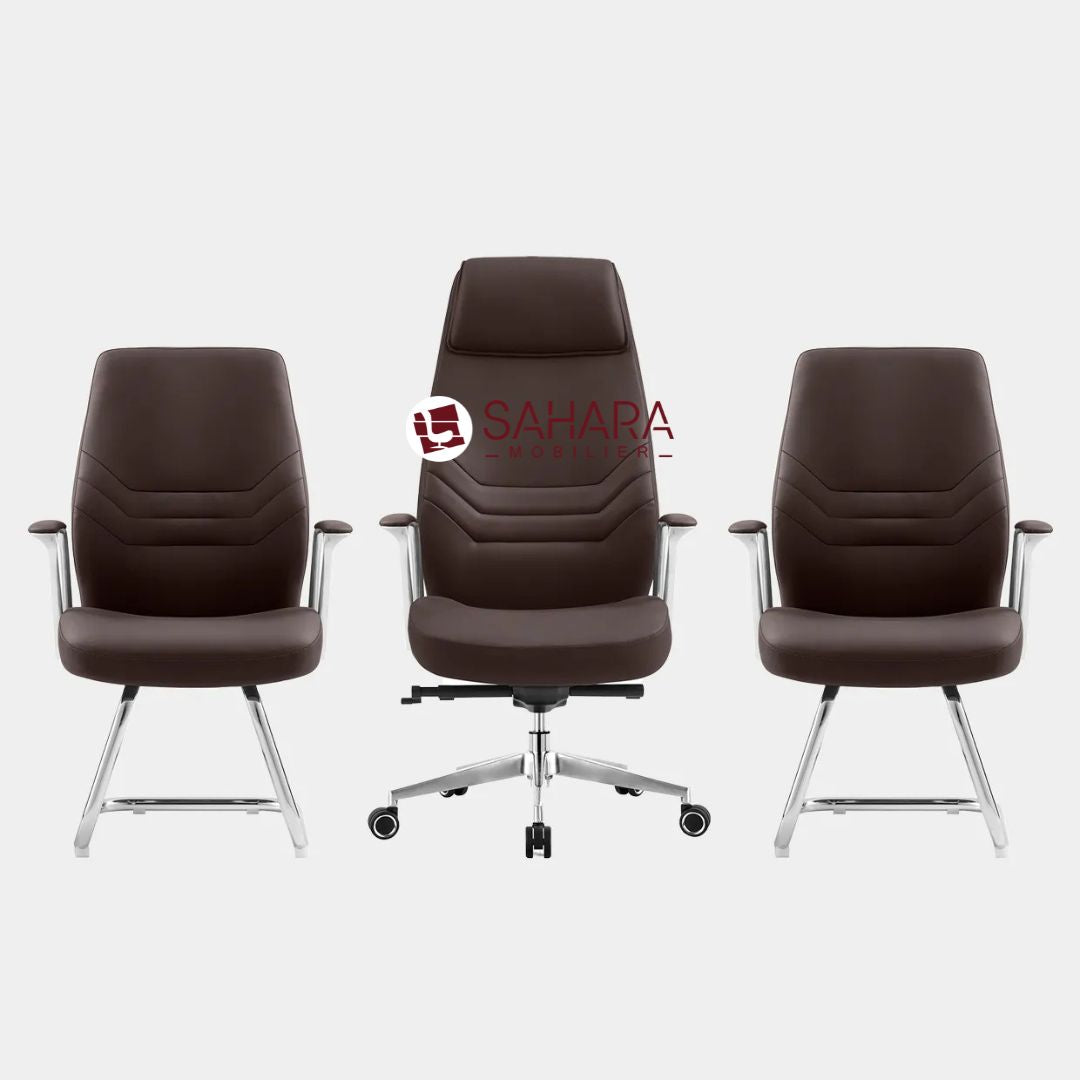 Structure :
Cadre en métal chromé résistant à la corrosion, garantissant durabilité et stabilité.
Revêtement :
Similicuir de haute qualité, facile à nettoyer et résistant à l’usure.
Rembourrage :
Assise et dossier rembourrés avec une mousse haute densité pour un confort prolongé