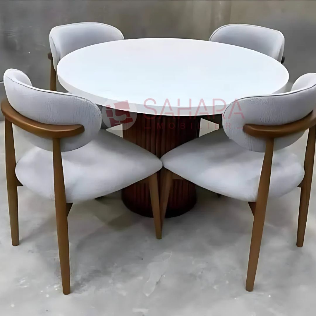 table à manger avec chaise en tissu piétement en bois