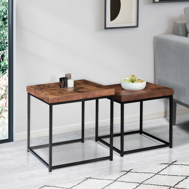 Lot de 2 tables basses gigognes industrielles effet bois vieilli Réf B2780