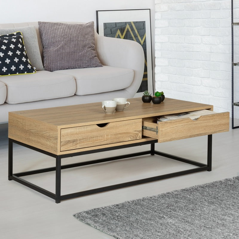 TABLE BASSE 2 TIROIRS 110 CM DESIGN INDUSTRIEL