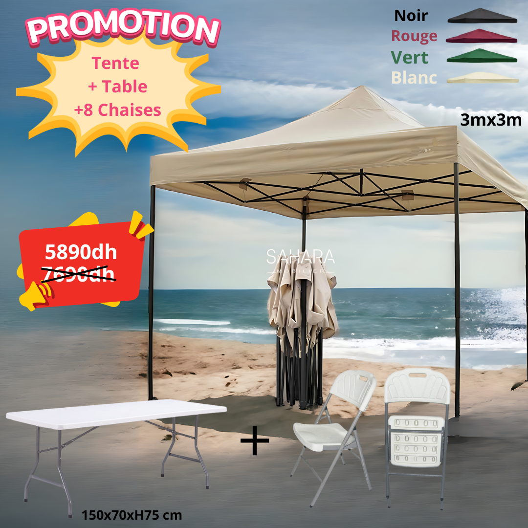 Pack Tente Pliante + Table Pliante 150cm + 8 chaises Pliante  Réf B3664