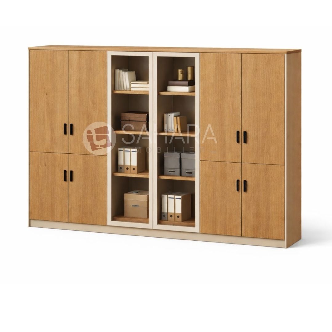Étagères internes en bois d'épaisseur 25 mm, réglables en hauteur.
Couleur idéalement assortie au bureau (bois clair, beige, etc.) pour une cohérence visuelle