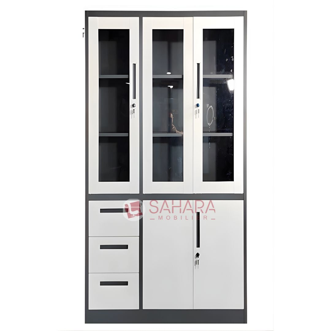 Armoire porte battante semi vitrés avec serrure et trois tiroirs 