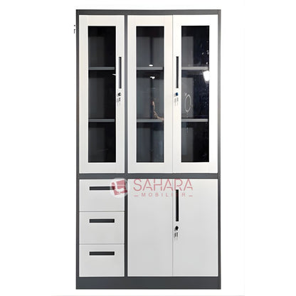 Armoire porte battante semi vitrés avec serrure et trois tiroirs 