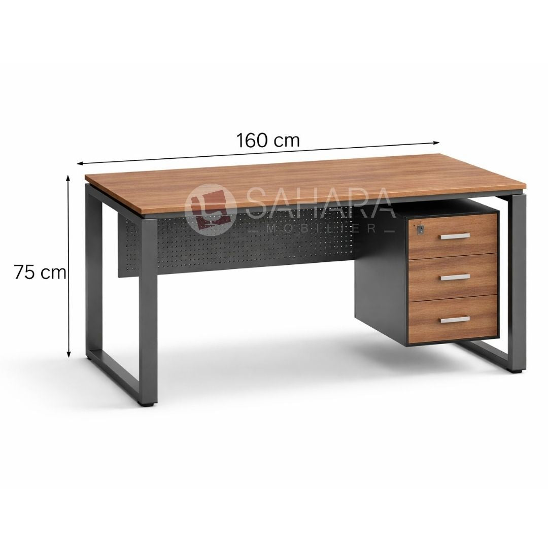 Bureau De Direction Plan de travail : 1600 mm x
750 mm Hauteur : 750 mm Epaisseur du plan de
travail : 19 mm Le plan de travail est constitué
d’un panneau de particules de bois recouvert de
stratifie de deux faces. 