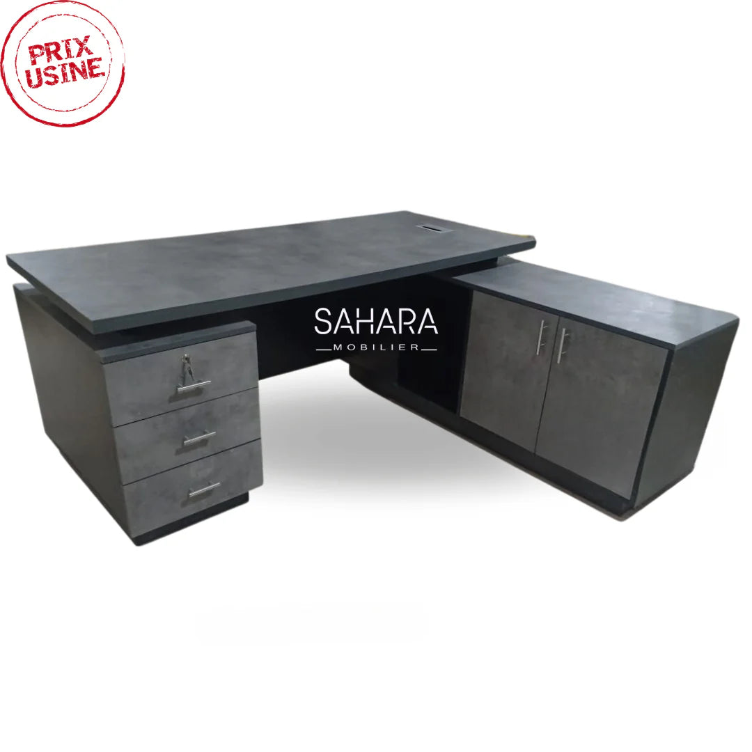 Bureau en bois avec passes câble le bureau content un caisson fixe de 3 tiroirs et une armoire de 2 portes