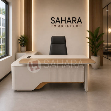 bureau de direction Maroc, bureau exécutif design, bureau manager avec retour, bureau PDG haut de gamme, mobilier de direction moderne, bureau professionnel avec rangement, bureau de direction premium, mobilier de bureau Casablanca, Sahara Mobilier.