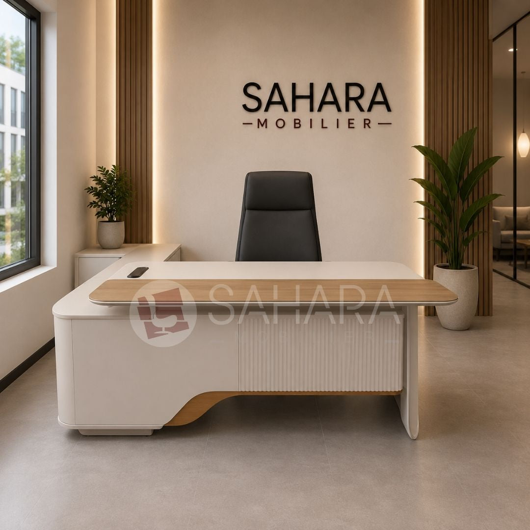 bureau de direction Maroc, bureau exécutif design, bureau manager avec retour, bureau PDG haut de gamme, mobilier de direction moderne, bureau professionnel avec rangement, bureau de direction premium, mobilier de bureau Casablanca, Sahara Mobilier.