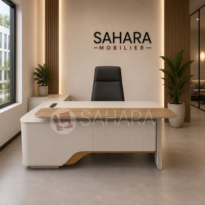 bureau de direction Maroc, bureau exécutif design, bureau manager avec retour, bureau PDG haut de gamme, mobilier de direction moderne, bureau professionnel avec rangement, bureau de direction premium, mobilier de bureau Casablanca, Sahara Mobilier.