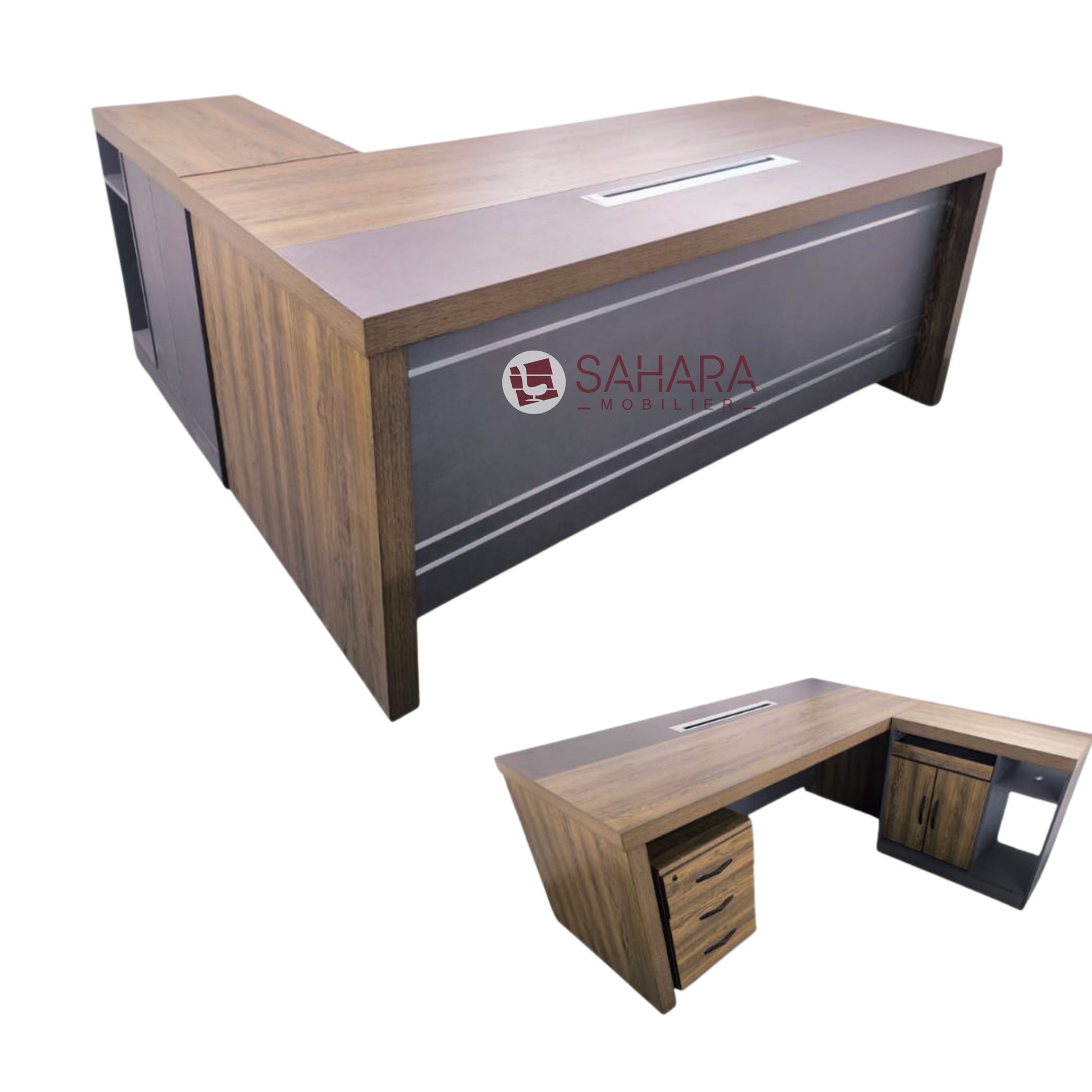 bureau de direction avec retour et caisson mobile en marron et gris, le retour contient des niches avec portes battante
Ce bureau de direction en bois allie élégance contemporaine, fonctionnalité et robustesse. Conçu pour les bureaux de cadres, directions et espaces exécutifs, il offre une excellente organisation de travail tout en valorisant l’image professionnelle de votre espace.