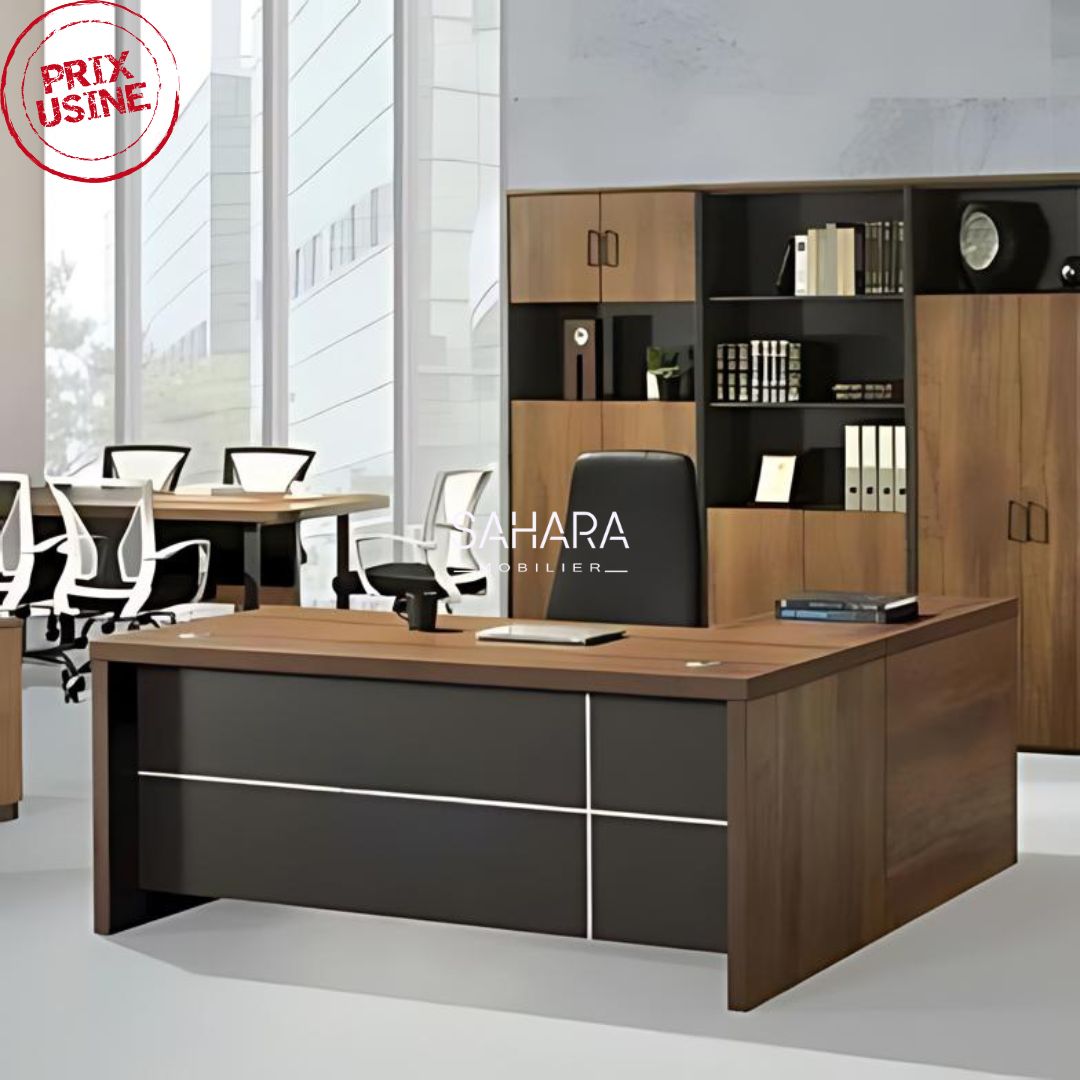 Bureau en bois avec Retour et Caisson mobile le voile en blanc le bureau en marron
