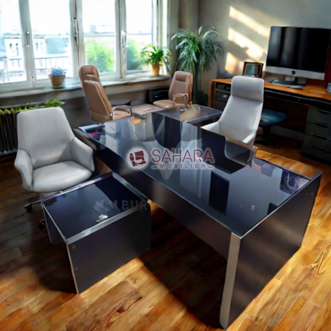 Bureau de direction Glassy Réf C0609, design moderne et surface spacieuse de 220 cm. Fabriqué en panneaux haute densité avec finition élégante, parfait pour bureaux professionnels, espaces de direction, et open-spaces exigeants en style et fonctionnalité.