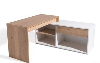 Bureau en angle de forme L avec retour latéral intégré, parfait pour optimiser la surface de travail

Largeur de 160 cm, adaptée aux espaces restreints tout en assurant un bon confort d’utilisation

Plateau principal et panneau latéral en finition bois naturel, pour un rendu chaleureux et professionnel

Retour de bureau et caisson en blanc mat, créant un contraste élégant et contemporain