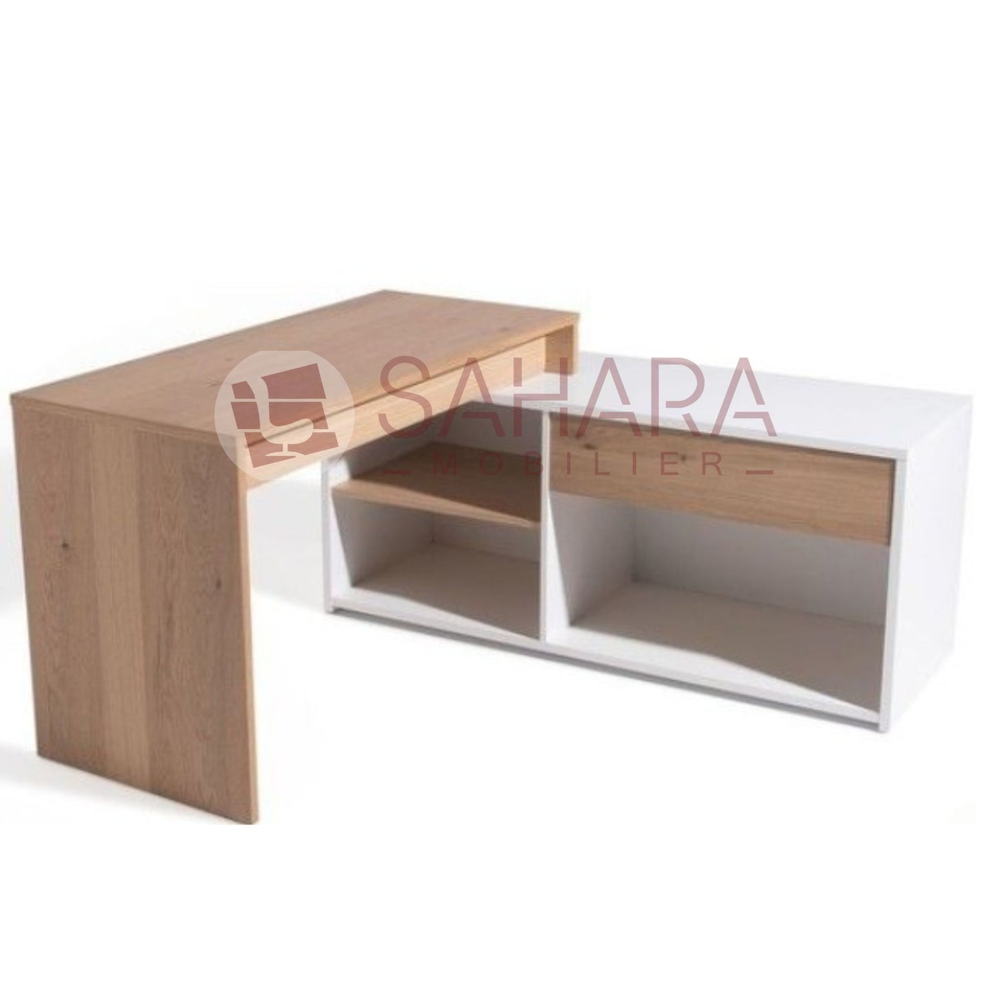 Bureau en angle de forme L avec retour latéral intégré, parfait pour optimiser la surface de travail

Largeur de 160 cm, adaptée aux espaces restreints tout en assurant un bon confort d’utilisation

Plateau principal et panneau latéral en finition bois naturel, pour un rendu chaleureux et professionnel

Retour de bureau et caisson en blanc mat, créant un contraste élégant et contemporain