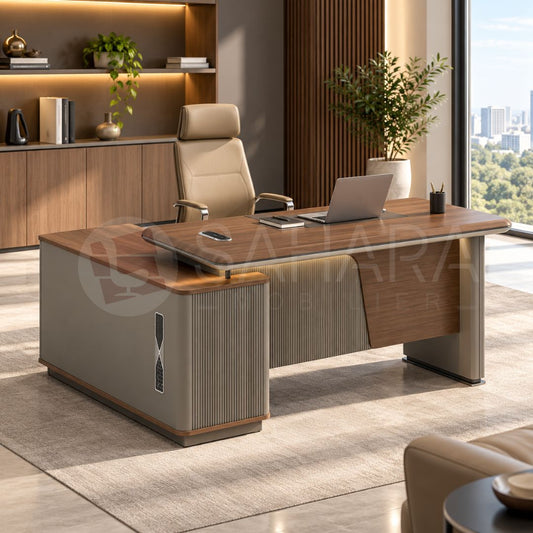 Bureau de direction design avec retour latéral, plateau finition bois et façades rainurées gris taupe