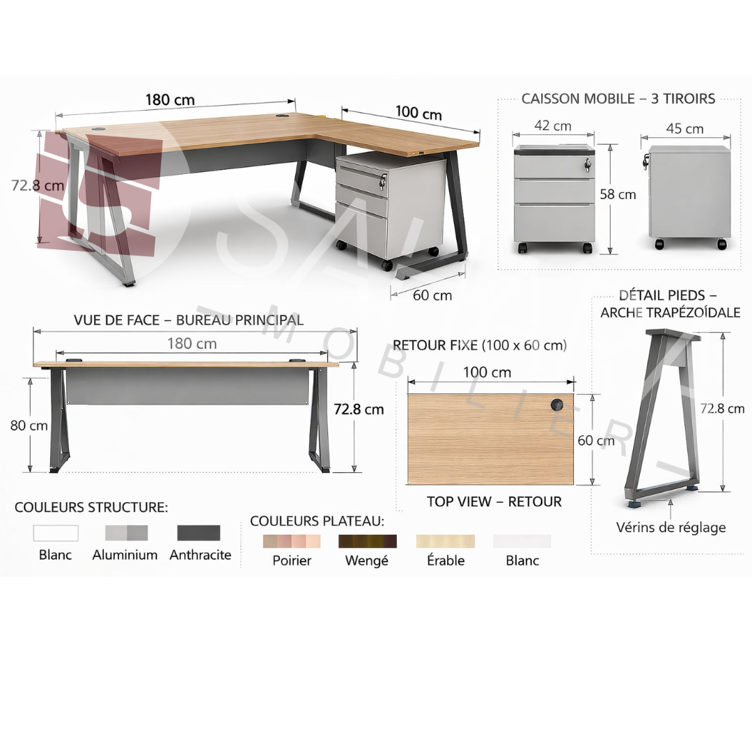 Bureau rectangulaire semi métallique Réf