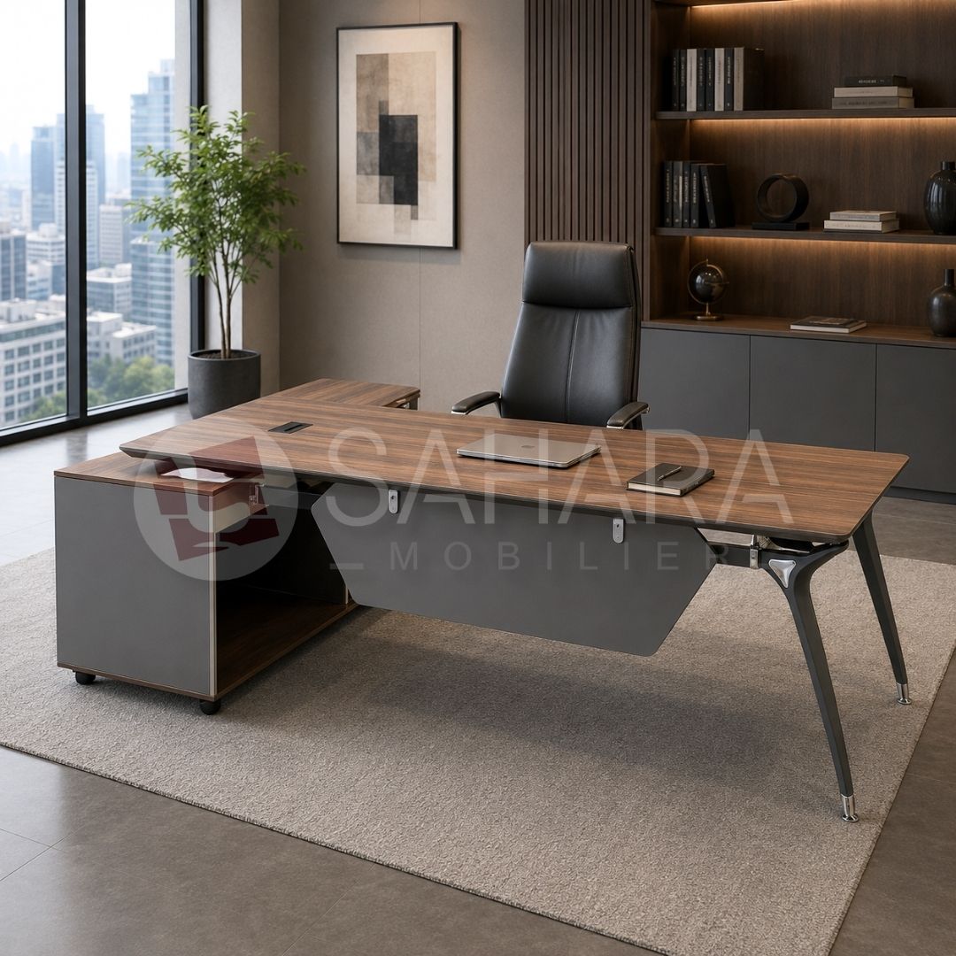 Bureau LEGACY avec un large plateau en bois, conçu pour offrir un espace de travail confortable et stylé.