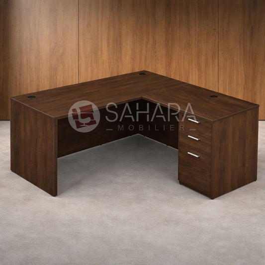 Bureau avec plateau droit équipés d’un retour fixé posé sur caisson 3 tiroirs
 Plan de bureau : plateau d’épaisseur 38 mm au minimum en MDF haute densité finition mélaminé Wengé.