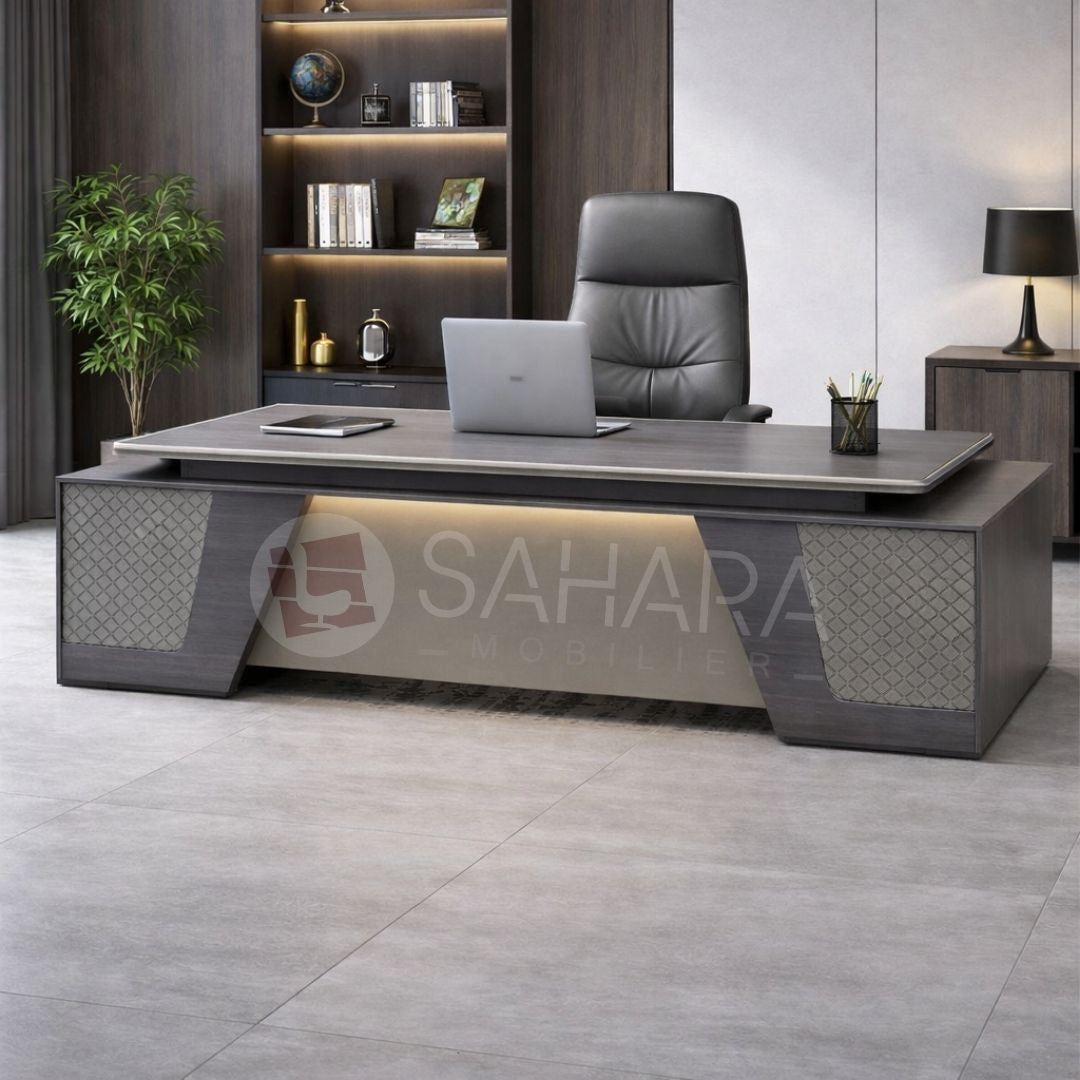 Structure en panneaux MDF haute densité
Finition mélaminée effet bois gris premium
Inserts décoratifs texturés pour une touche élégante
Conception robuste pour usage professionnel intensif