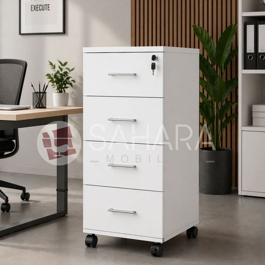 Armoire à quatre tiroirs avec serrure et roulettes dont au moins 1 avec frein.