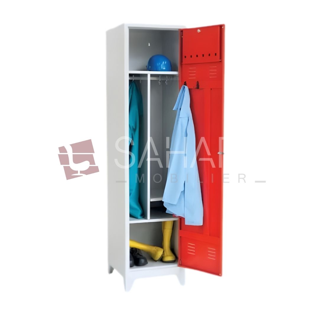 Armoire métallique a une porte;
Armoire métallique rigide et prêt à l'emploi.
Construction en acier pressé durable,
Aménagements intérieurs pratiques
Serrure à cylindre avec deux clés, livrable comme système de fermeture
Portes à ouverture à droite, montées sur pivots, avec caisson de renfort vertical, fentes d'aération et porte-étiquettes embouti
