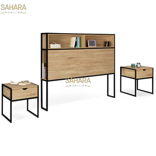 TÊTE DE LIT 165 CM + 2 TABLES DE CHEVET DETROIT DESIGN INDUSTRIEL Réf B2774