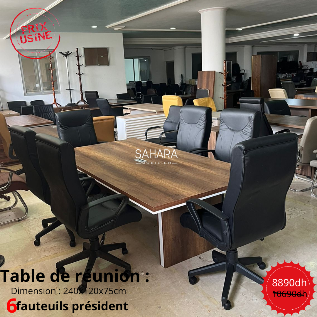 plateau en bois mélamine de dimension 2400x1200 mm et d’épaisseur 56mm avec chant en 0.8 mm posé sur deux piètements panneaux de même finition et épaisseur
Voile de fond central en bois mélamine d’épaisseur 19mm relie les deux piètements pour renforcer la table.

Dimension : 240 x 120 x 75 cm
Couleur au choix