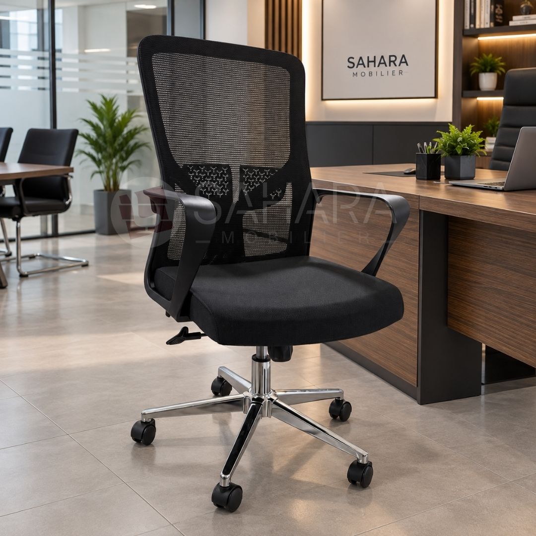 Fauteuil opérateur en MeSH Réf. C1208 : design professionnel, dossier respirant et confort au quotidien. Prix d’usine et livraison partout au Maroc.
