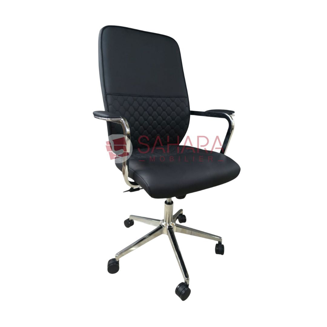 Fauteuil de direction en simili cuir noir

accoudoirs fixés sur le dossier et l'assise