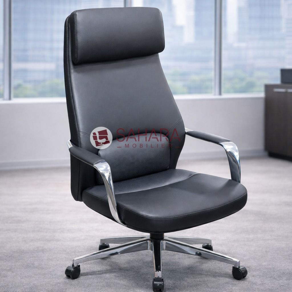 iège ergonomique haut de gamme avec dossier haut rembourré, réglage en hauteur et inclinaison. Parfait pour bureaux exécutifs et cadres professionnels. Disponible au Maroc sur Sahara Mobilier.