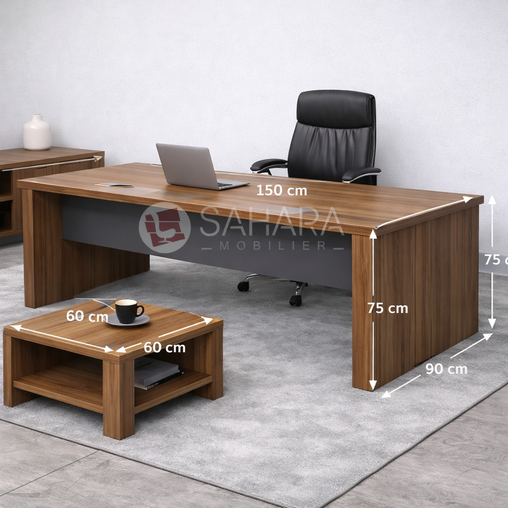 Le plan et les côtés sont fabriqués en mélamine de 40 mm au minimum d'épaisseur, avec chants en ABS de 0.8 mm d'épaisseur: Le voile de fond est fabriqué en mélamine de 18 mm au minimum d'épaisseur