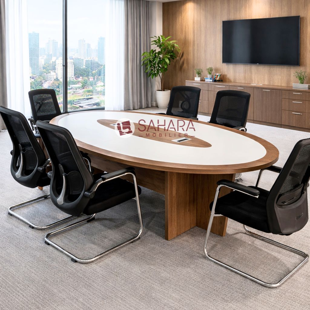 Table de réunion ovale professionnelle bois et blanc avec passe-câbles