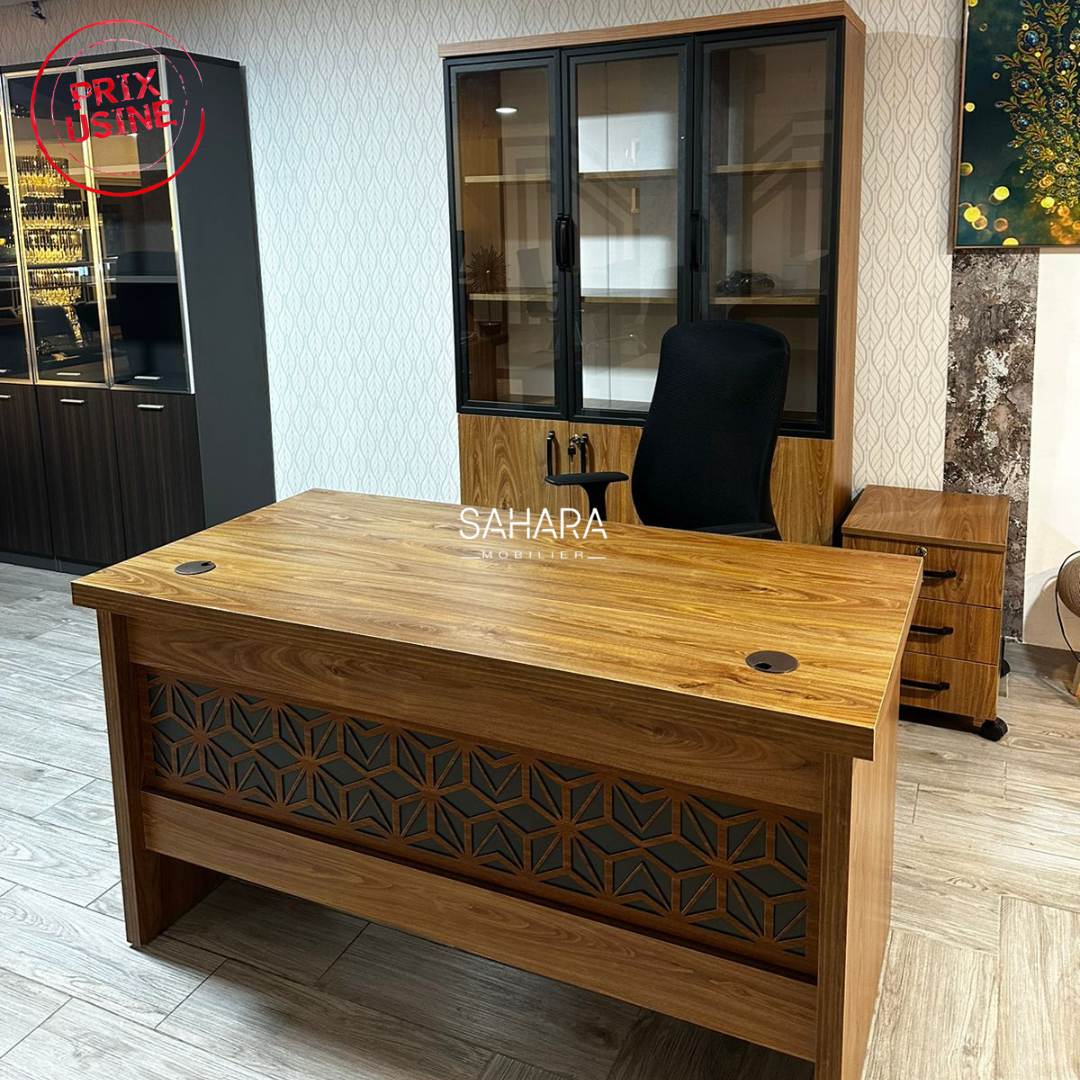 bureau individuel en bois présenter avec un armoire semi vitré , un caisson et une chaise en MeSH