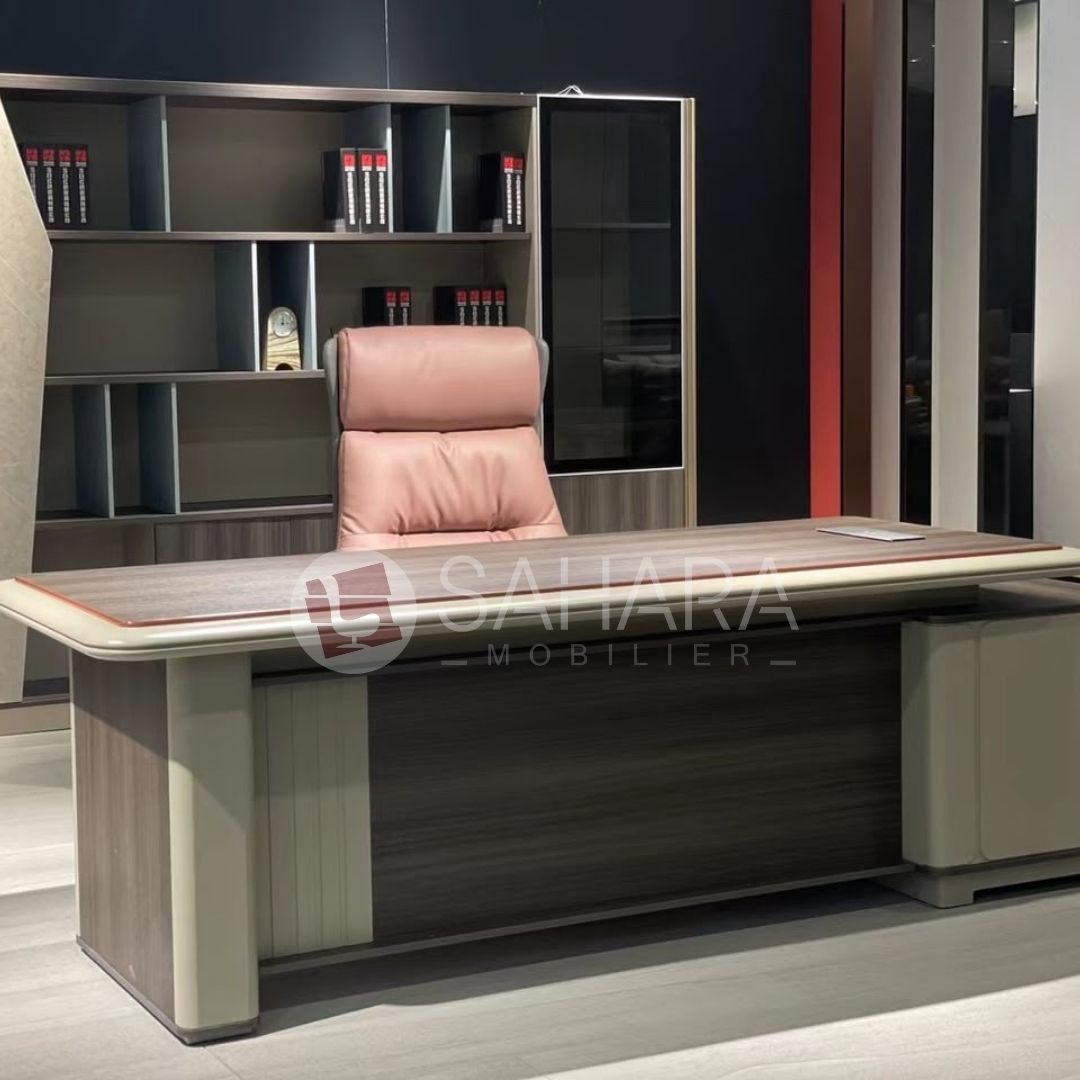 bureau de direction MDF, bureau PDG Maroc, bureau exécutif haut de gamme, bureau de direction design, bureau manager, mobilier de direction, bureau professionnel MDF, bureau avec rangement, mobilier de bureau Maroc, Sahara Mobilier.