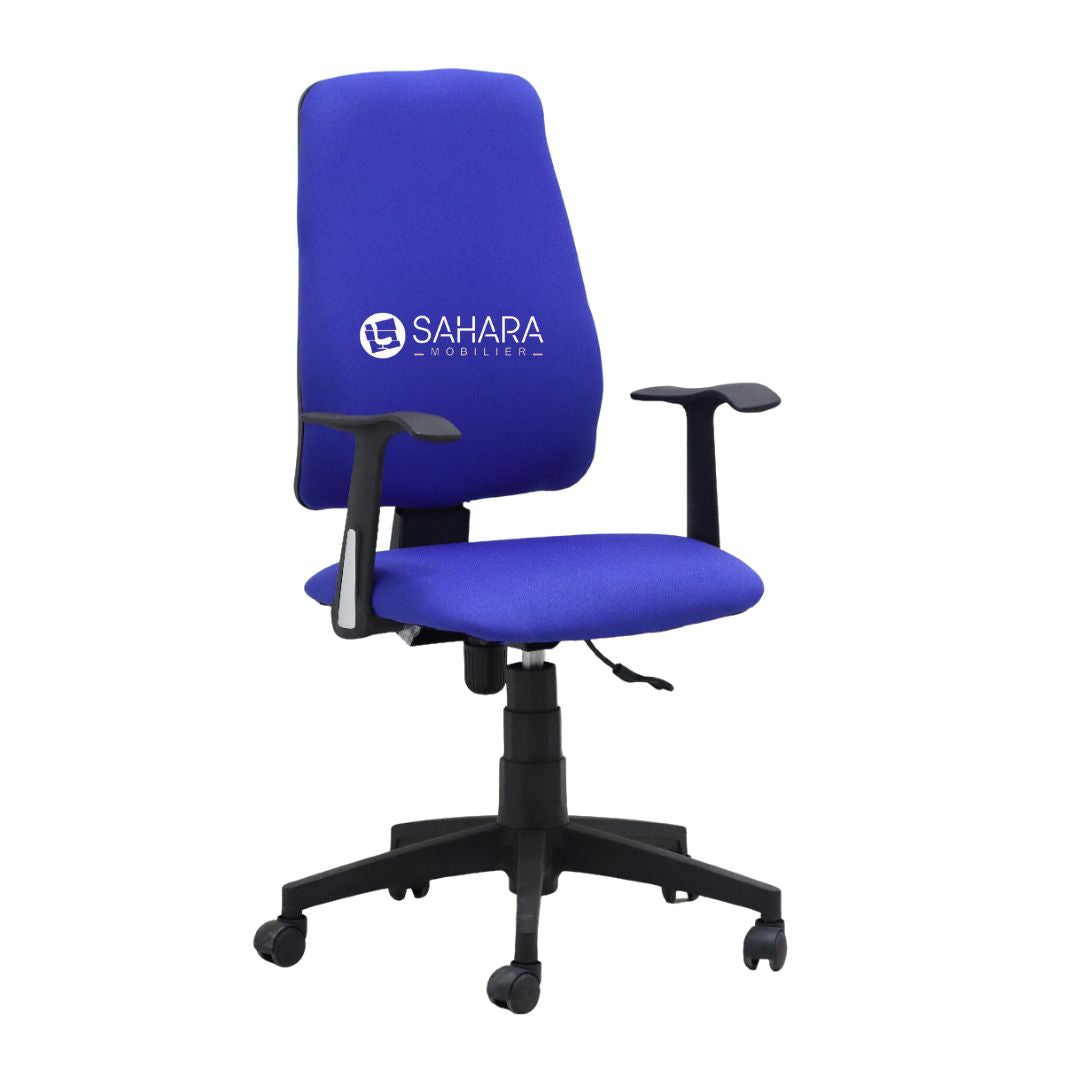 chaise de bureau avec accoudoirs fixé sur l'assise sur 5 branches en PVC, le fauteuil est réglable au niveau de l'assise 