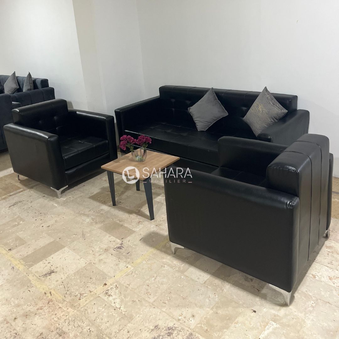 fauteuil canapé 5 places en simili cuir noir avec dossier et accoudoirs fixé sur l'assise 