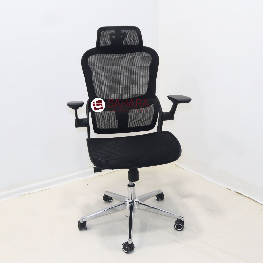 Fauteuil de direction en MeSH avec accoudoirs réglable, support lombaire fixé sur le dossier pour un soutien maximale, têtière intégré sur le dossier 