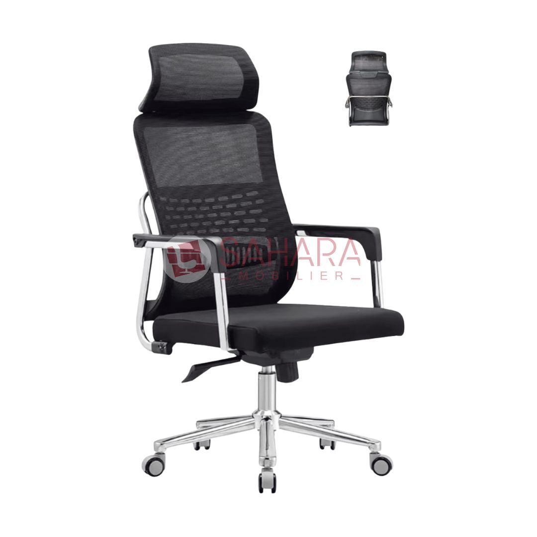 Dossier : en tissu MeSH respirant haute résistance, ergonomique, avec soutien lombaire intégré.
Assise : rembourrage en mousse haute densité, revêtement en tissu MeSH assorti.
Accoudoirs : fixes, en polypropylène noir avec finition lisse.
Mécanisme : basculant avec réglage de tension et blocage de l’inclinaison.
Hauteur d’assise : réglable par vérin à gaz de qualité supérieure.
Piètement : étoile 5 branches;chromé;, équipé de roulettes silencieuses.
Capacité de charge : jusqu’à 120 kg.