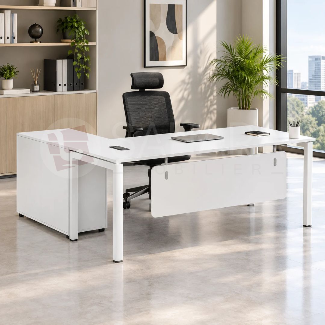 Bureau professionnel blanc avec retour et caisson de rangement Réf C1348