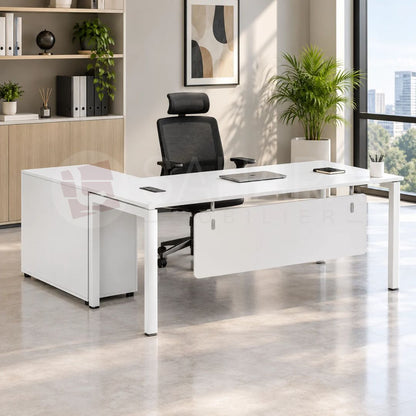 Bureau professionnel blanc avec retour et caisson de rangement Réf C1348