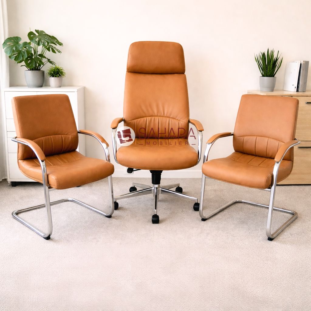 Pack fauteuil de direction & fauteuils visiteurs – Design cuir camel