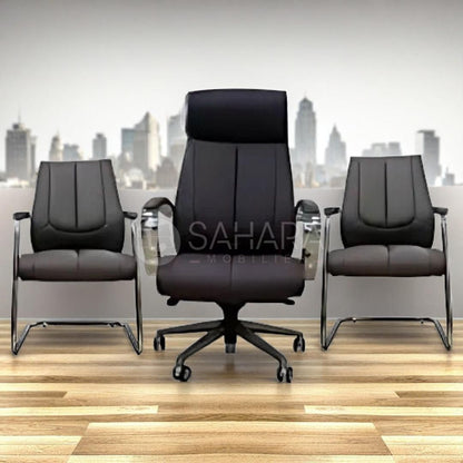 Composition du Pack : Un fauteuil de direction pivotant avec dossier haut pour un soutien ergonomique, ainsi que deux chaises visiteurs assorties avec une base en porte-à-faux élégante.​

Revêtement : Simili cuir de haute qualité, résistant à l'usure quotidienne, doux au toucher et facile à entretenir.​

Confort de l'Assise : Rembourrage en mousse haute densité pour un confort prolongé, même lors de longues journées de travail.​

Design Ergonomique : Soutien dorsal idéal, parfait pour les longues réunions o