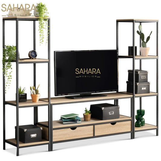 ENSEMBLE MEUBLE TV DETROIT AVEC ÉTAGÈRES DESIGN INDUSTRIEL Réf B2765