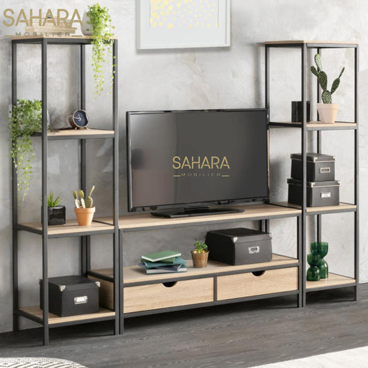 ENSEMBLE MEUBLE TV DETROIT AVEC ÉTAGÈRES DESIGN INDUSTRIEL Réf B2765