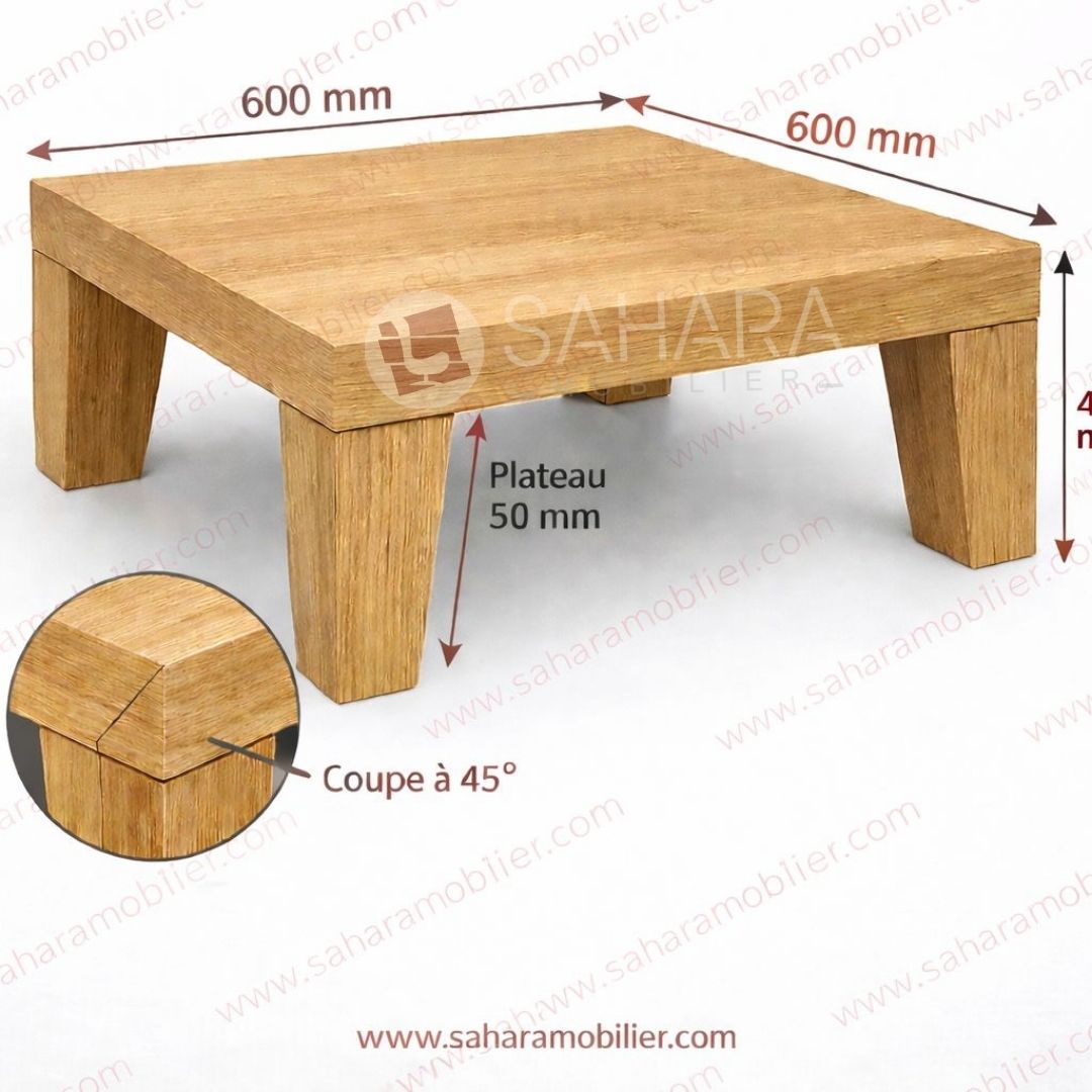 Dimensions hors tout : larg. 600mm * prof. 600 mm * hauteur 420 mm.
• &nbsp; &nbsp;Plateau en panneau de particules de finition en stratifié, épaisseur de 50 mm
• &nbsp; &nbsp;La jonction du plateau avec les pieds est à l’onglet de 45 degrés