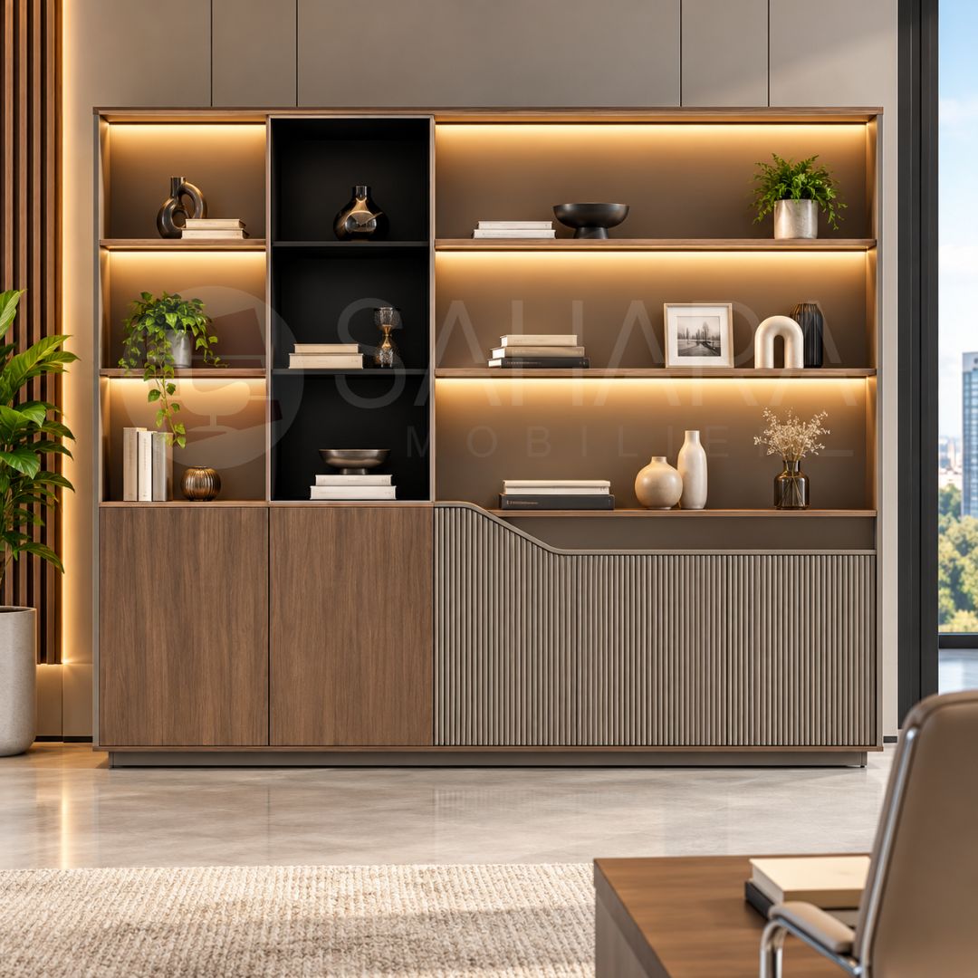 Meuble de rangement professionnel design avec étagères éclairées par LED et façades bois et gris taupe