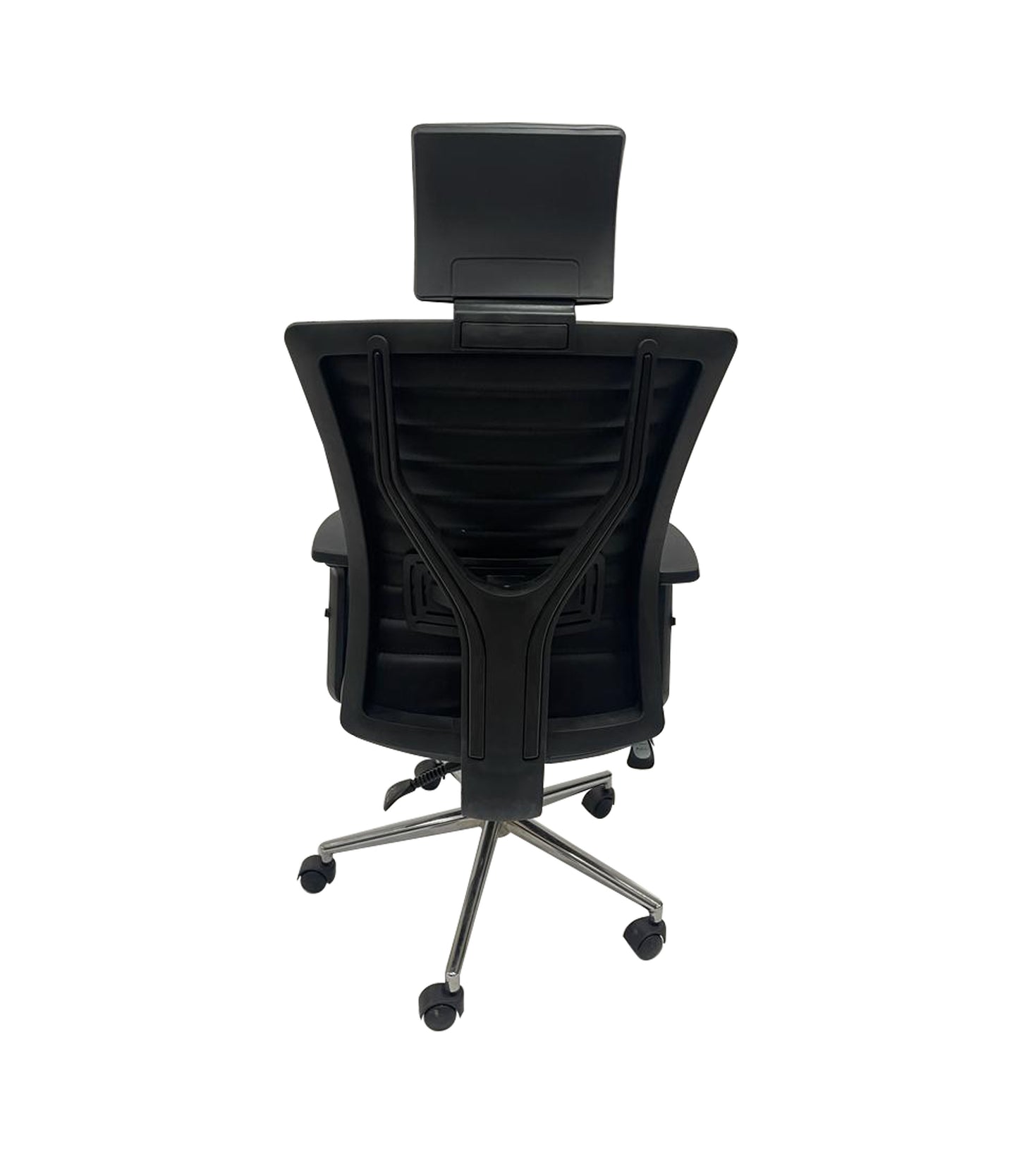Fauteuil de bureau en simili cuir noir avec accoudoirs en PU sur 5 branches chromé