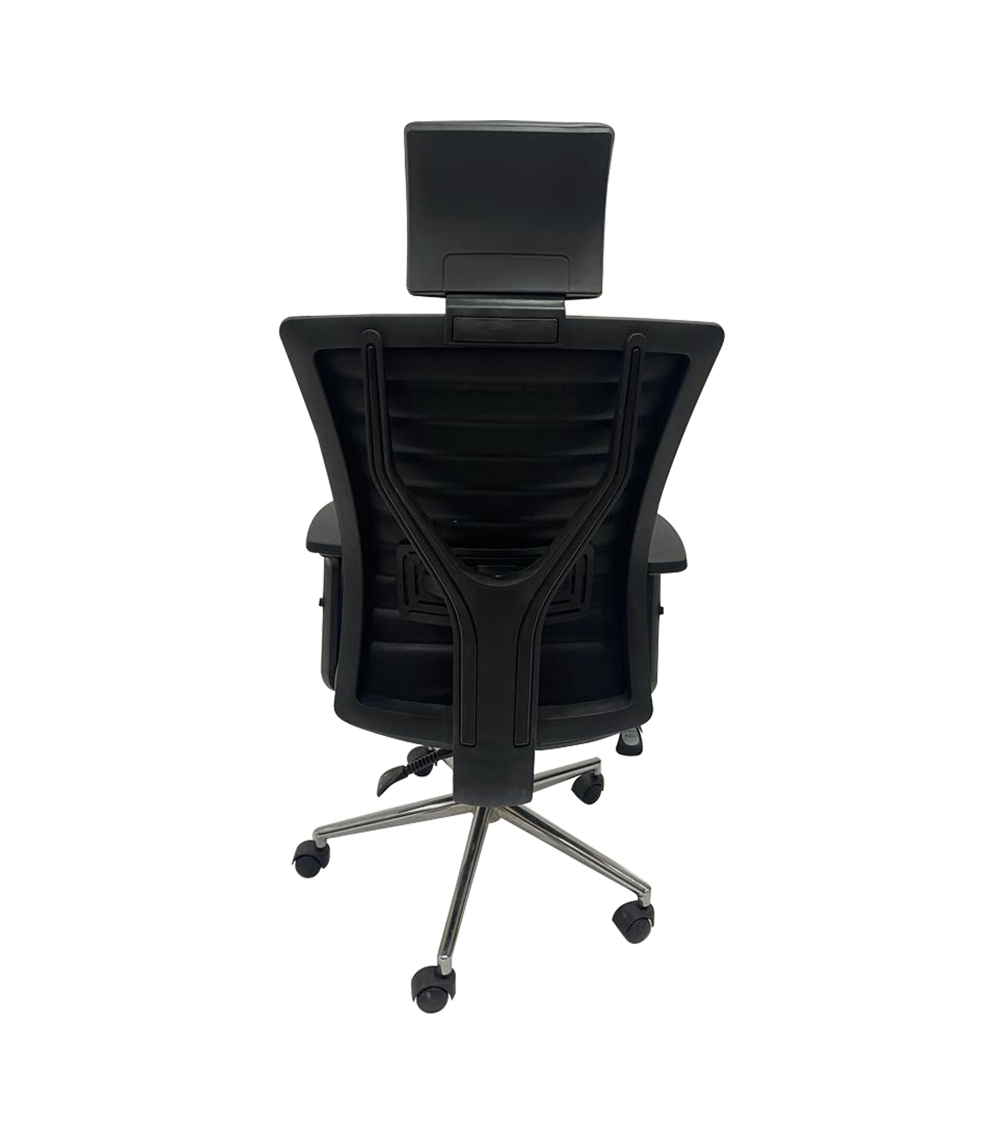 Fauteuil de bureau en simili cuir noir avec accoudoirs en PU sur 5 branches chromé