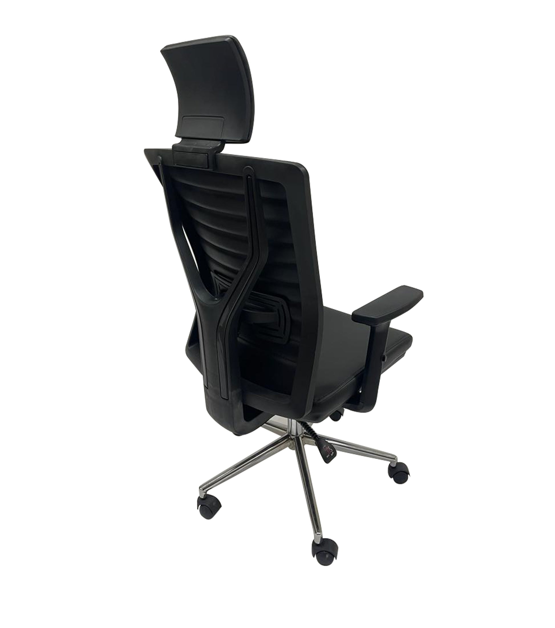 Fauteuil de bureau en simili cuir noir avec accoudoirs en PU sur 5 branches chromé